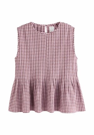 Tílko bez rukávů v růžovo-hnědém károvaném vzoru s volánovým lemem, s průstřihem na zádech a texturovanou látkou.