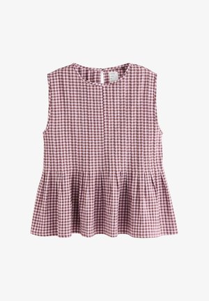 Sleeveless top in a pink and brown checked pattern with a peplum hem, featuring a back keyhole closure and textured fabric.