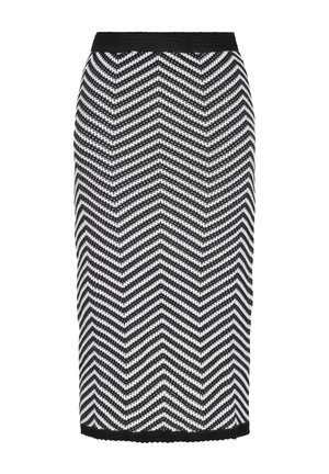 Mustapolikuvioinen kynähame, jossa on teksturoitu neulepinta ja joustava vyötärö. Pituus on keskikalkki.