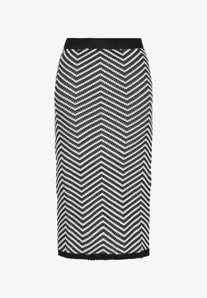 Juodos ir baltos zigzago raštų pieštuko sijonas su tekstūruotu trikotažo dizainu ir elastinga juosta. Ilgis iki vidurio blauzdos.