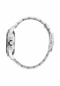 Zilveren horloge van roestvrij staal met een zwart digitaal display, voorzien van een flexibele schakelband en een gepolijste rand. Verstelbare sluiting.