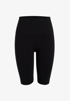 Pantaloni bike a vita alta di colore nero realizzati in tessuto elasticizzato. Texture liscia senza motivi o accessori visibili, progettati per comfort e flessibilità.