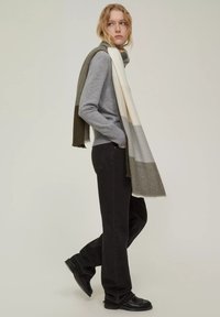 Maglione grigio a maglia abbinato a una sciarpa a blocchi di colore verde e crema, jeans neri a gamba dritta e scarpe nere. Texture lisce in tutto.