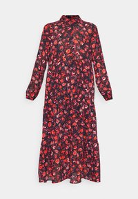 Robe noire à manches longues avec imprimé floral rouge et rose, col boutonné et jupe à volants.