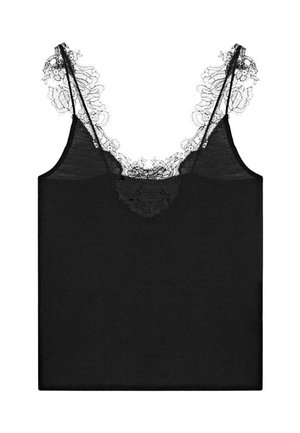 Camisole nero con delicato bordo in pizzo floreale lungo la scollatura e sottili doppi spallini.