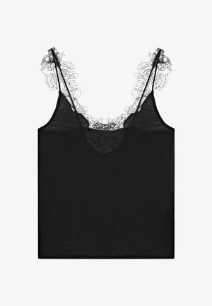 Camisole nero con delicato bordo in pizzo floreale lungo la scollatura e sottili doppi spallini.
