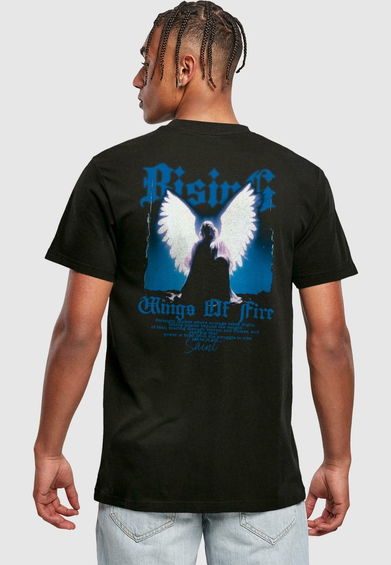 Black cotton t-shirt featuring a blue and white graphic design of angel wings and text on the back, with a relaxed fit and short sleeves.