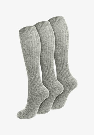 Drei Paar graue, gerippte, knielange Wollsocken nebeneinander auf weißem Hintergrund angeordnet.