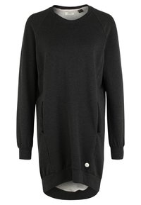 Pitkähiha, tummanharmaa collegepuseromekko, joka on valmistettu pehmeästä kankaasta. Mekossa on raglan-hihat, kaksi sivutaskua ja kaareva helma. Mukana pieni valkoinen logo.