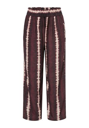 Weit geschnittene Hose mit elastischem Bund, vertikale Batikstreifen in Dunkelburgunder und Creme, verkürzte Länge, seitliche Taschen.