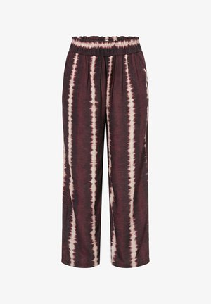 Pantalones de corte holgado con cintura elástica, rayas verticales tie-dye en burdeos oscuro y crema, largo cropped, bolsillos laterales.