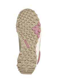 Suela de zapato con una superficie de goma beige texturizada, que presenta un acento rosa y un patrón de banda de rodadura en zigzag para mayor tracción.