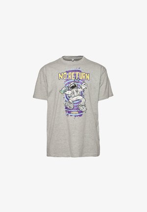 Graues Baumwoll-T-Shirt mit einem grafischen Druck eines Astronauten und dem Text "NO RETURN" in Gelb, umrandet von lila Spritzern und schwarzen Akzenten.