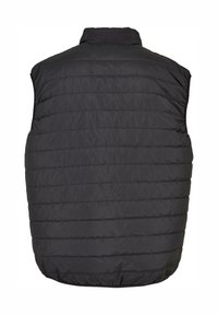 Černá bezrukávová péřová vesta s vertikálním prošíváním, vysokým límcem a elastickým lemem. Vyrobena z lehkého, voděodolného materiálu.