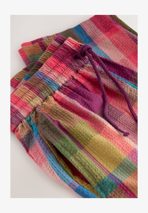 Multi-colored, plaid shorts made of textured cotton. Features a drawstring waist, with pink, purple, green, and blue squares.