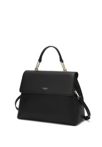 Sac à main structuré noir avec poignée supérieure et ferrures dorées, avec fermeture à rabat et bandoulière détachable.