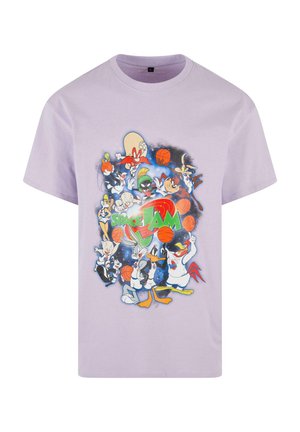 Paarse katoenen t-shirt met een kleurraf "Space Jam" graphic met cartoonfiguren omringd door basketballen en een kosmische achtergrond.