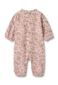 Ružový dojčenský overal s kvetinovým vzorom, dlhými rukávmi, elastickými manžetami a príjemnou textúrou látky. Obsahuje malé zelené a modré kvety.