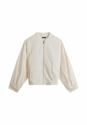 Bomberjack in crèmekleur met voorrits, lange mouwen en een kleine opstaande kraag, afgebeeld op een witte achtergrond.