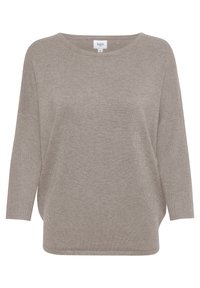 Pehmeä beige neulepusero, jossa on pyöreä pääntie, pitkät ribbikudotut hihat ja rento istuvuus.