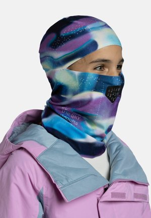 Multi-colored fleece balaclava in shades of purple, blue, and teal with starry pattern; features mesh breathing panel and soft texture.