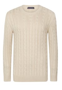 Cream cable-knit sweater with a round neckline, ribbed cuffs and hem, featuring a textured pattern of intertwined cables throughout.