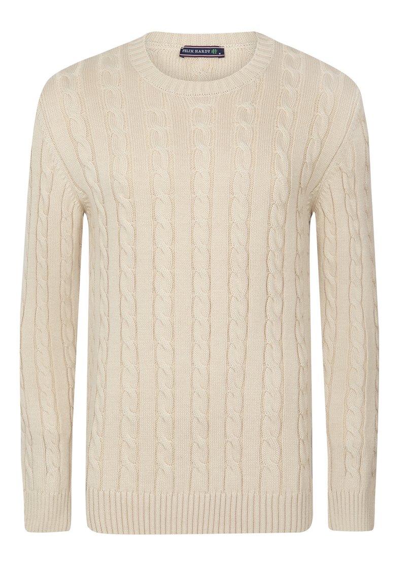 Cream cable-knit sweater with a round neckline, ribbed cuffs and hem, featuring a textured pattern of intertwined cables throughout.