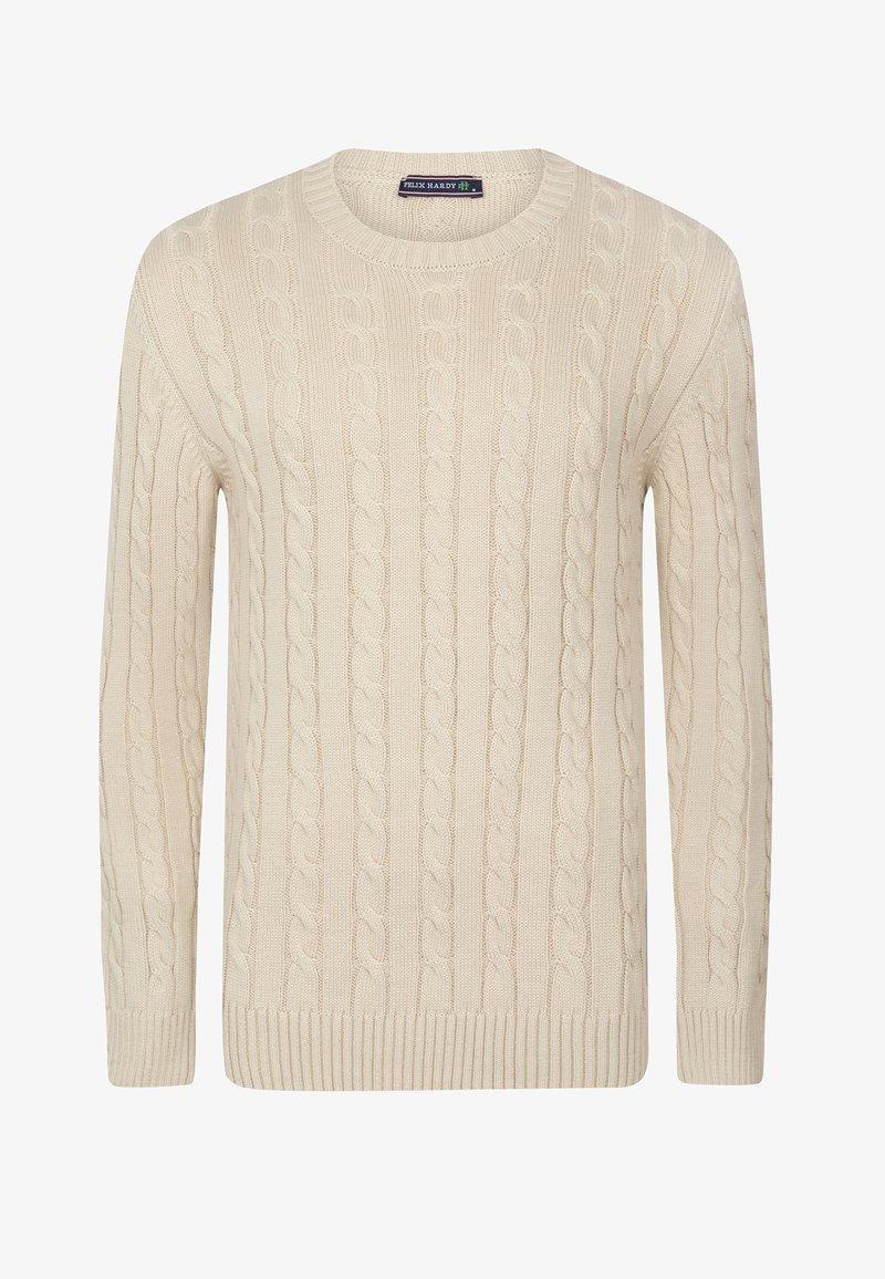 Pull en tricot torsadé crème avec un col rond, des poignets et un ourlet côtelés, présentant un motif texturé de câbles entrelacés sur l'ensemble.