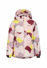 Farverig mønstret pufferjakke med nuancer af pink, gul og bordeaux, med hætte, frontlynlås og to sidelommer.