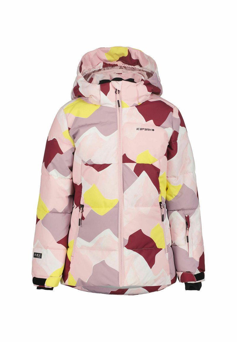 Farverig mønstret pufferjakke med nuancer af pink, gul og bordeaux, med hætte, frontlynlås og to sidelommer.