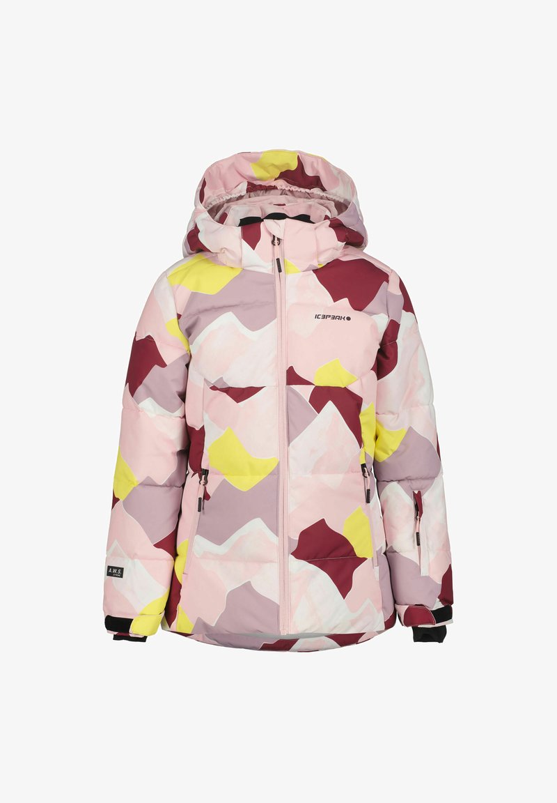 Farverig mønstret pufferjakke med nuancer af pink, gul og bordeaux, med hætte, frontlynlås og to sidelommer.