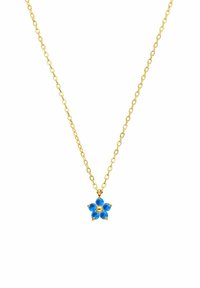 Gouden ketting met een bloempendant met vijf blauwe edelstenen in een stervorm. De ketting heeft verweven schakels en een gladde textuur.