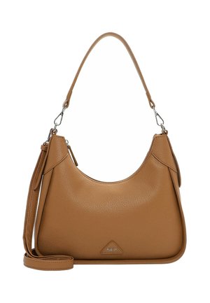 Bolso bandolera de cuero texturizado color cuero, con correa desmontable, herrajes plateados y pequeño parche con logo triangular en el frente.