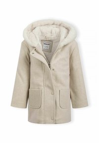 Kreminės vilnonės palto su kailiniu gaubtu, užtrauktuku priekyje, dviem snap-button kišenėmis ir laisvu siluetu. Minkšta tekstūra, minimalistinis stilius.