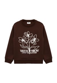 Brauner Sweatshirt aus Baumwolle, mit einem weißen Blumenmuster und dem Text „WATCH IT GROW LOVE THE BLOOMS.“ Rippbündchen an den Ärmeln und am Hals.