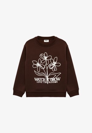 Brązowa bluza wykonana z bawełny, z białym kwiatowym nadrukiem oraz napisem „WATCH IT GROW LOVE THE BLOOMS.” Żebrowane mankiety i dekolt.