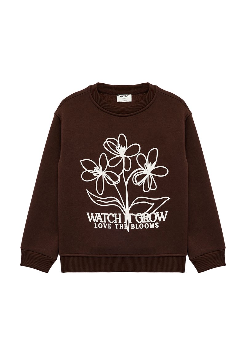 Brauner Sweatshirt aus Baumwolle, mit einem weißen Blumenmuster und dem Text „WATCH IT GROW LOVE THE BLOOMS.“ Rippbündchen an den Ärmeln und am Hals.
