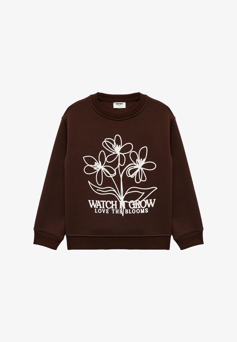 Brauner Sweatshirt aus Baumwolle, mit einem weißen Blumenmuster und dem Text „WATCH IT GROW LOVE THE BLOOMS.“ Rippbündchen an den Ärmeln und am Hals.