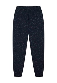 Marineblauwe broek met een elastische tailleband, voorzien van een klein, verspreid patroon van rode en witte geometrische vormen. Verkant aan de enkels.