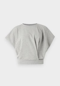 Grå kortermet topp i myk, elastisk stoff. Har en avslappet passform med rund hals og en samlet frontdetalj.