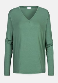 Lange mouwen, groene V-hals shirt gemaakt van zachte stof. Beschikt over een lichte plooival aan de voorkant en een relaxte pasvorm met een afgeronde zoom en taps toelopende mouwen.