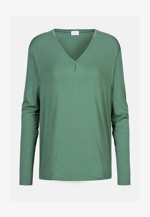 Lange mouwen, groene V-hals shirt gemaakt van zachte stof. Beschikt over een lichte plooival aan de voorkant en een relaxte pasvorm met een afgeronde zoom en taps toelopende mouwen.