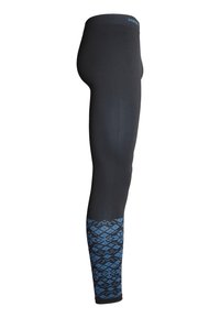 Svarta leggings med blå geometrisk mönster vid vristerna. Tillverkade av elastiskt material med en bred midjeband för stöd.