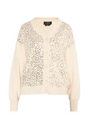 Cremefarvet cardigan med V-udskæring, frontlukning med knapper og palietmønster på den øverste halvdel. Ribbenede ærmer og kant, blød strikketekstur.