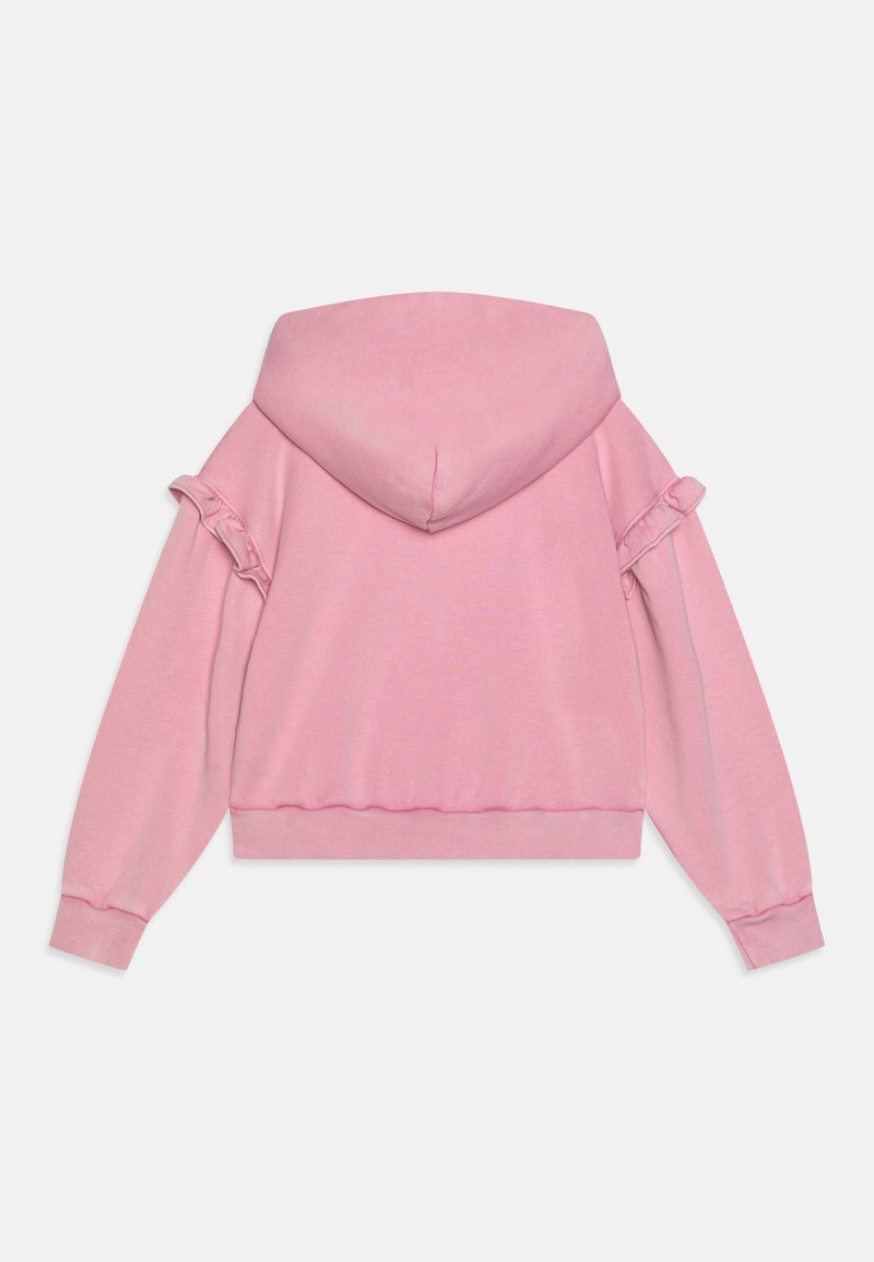 Rosa Kapuzenpullover aus weichem Stoff, mit einer Kapuze, elastischen Bündchen und einem elastischen Saum sowie Rüschenakzenten an den Ärmeln.