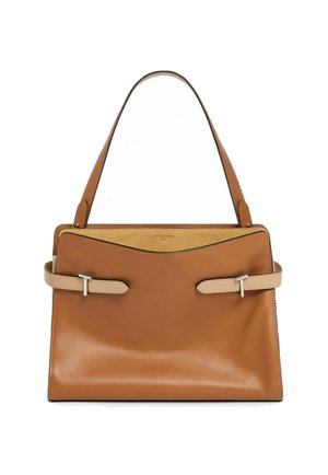 Borsa a mano in pelle marrone dal design strutturato, caratterizzata da una texture liscia, due manici in pelle chiara e dettagli in metallo color argento.