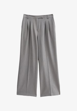 Grijze wijde pantalon met een geplooid front, gemaakt van een gladde stof. Heeft een platte tailleband met riemlussen en zijzakken.