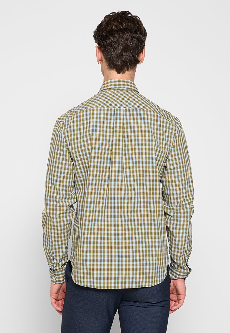 Grün-beige kariertes Langarmhemd mit Standardkragen, Knopfmanschetten und Rückenpasse. Weicher, glatter Stoff.