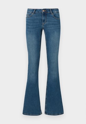 Denim flared jeans in medium blauw met een gladde textuur, voorzien van twee voorzakken, een knoopsluiting en een lichte vervaging.