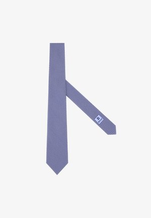 Tummansininen solmio, jossa on geometrinen kuvio, valmistettu sileästä silkinkaltaisesta kankaasta. Kavaltaen molemmista päistä, ja kapean pään lähellä pieni etiketti.